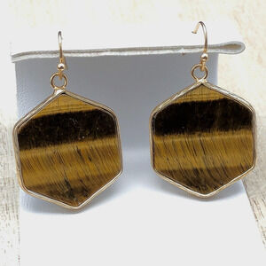 Tiger Eye Earrings Natural Chatoyant Cats Eye Hexagon Brown Gemstone Drop Dangle